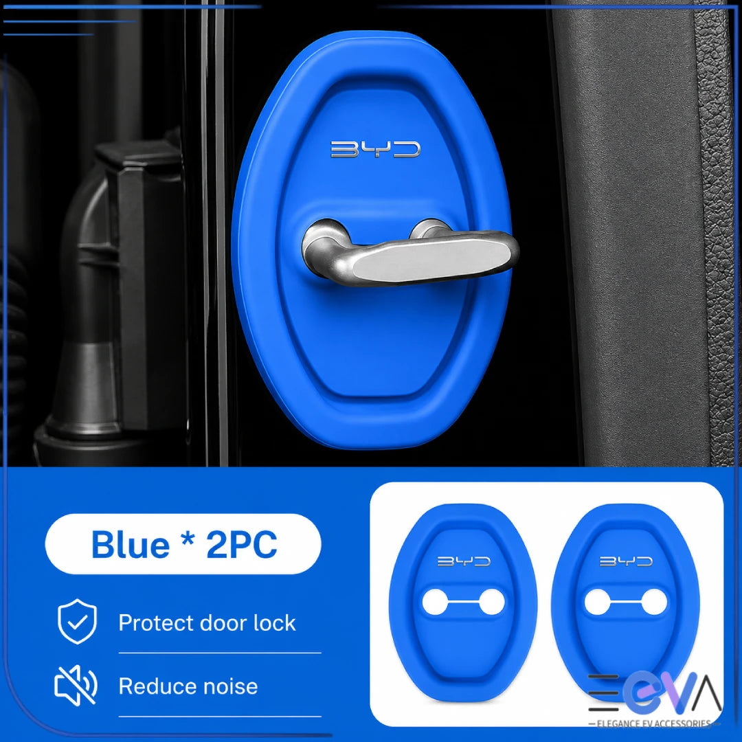 BYD blue silicone door-lock protective covers shown as an installed two-piece set from EEVA Store Australia.