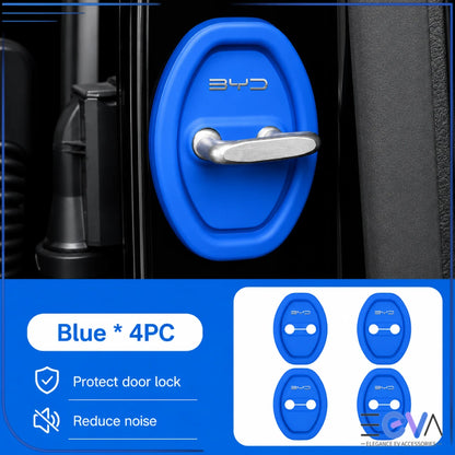 BYD blue silicone door-lock protective covers shown as an installed four-piece set from EEVA Store Australia.