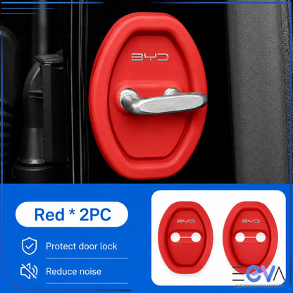 BYD red silicone door-lock protective covers shown as an installed two-piece set from EEVA Store Australia.