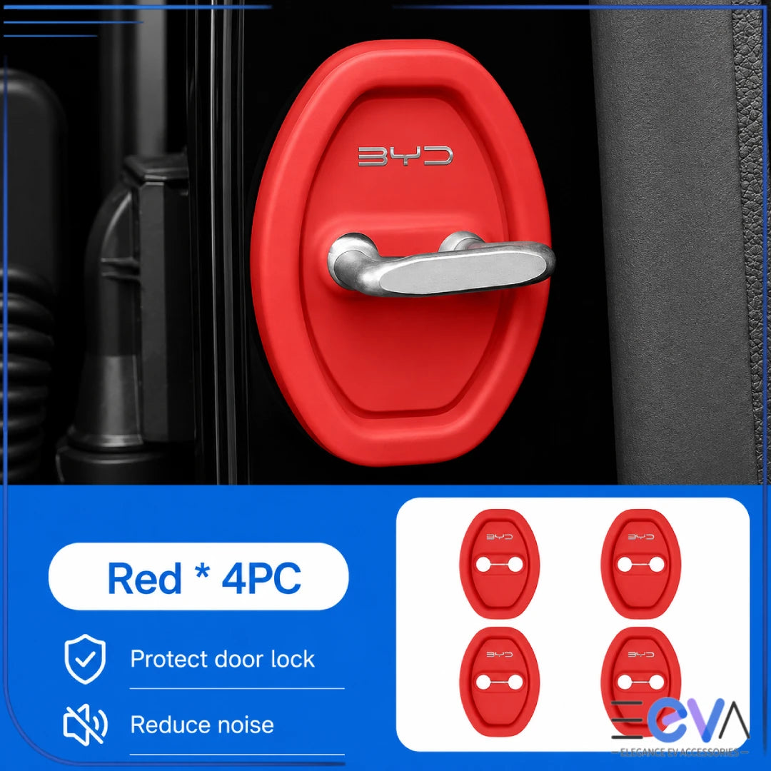 BYD red silicone door-lock protective covers shown as an installed four-piece set from EEVA Store Australia.