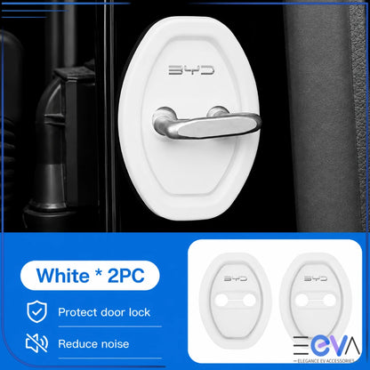 BYD white silicone door-lock protective covers shown as an installed two-piece set from EEVA Store Australia.