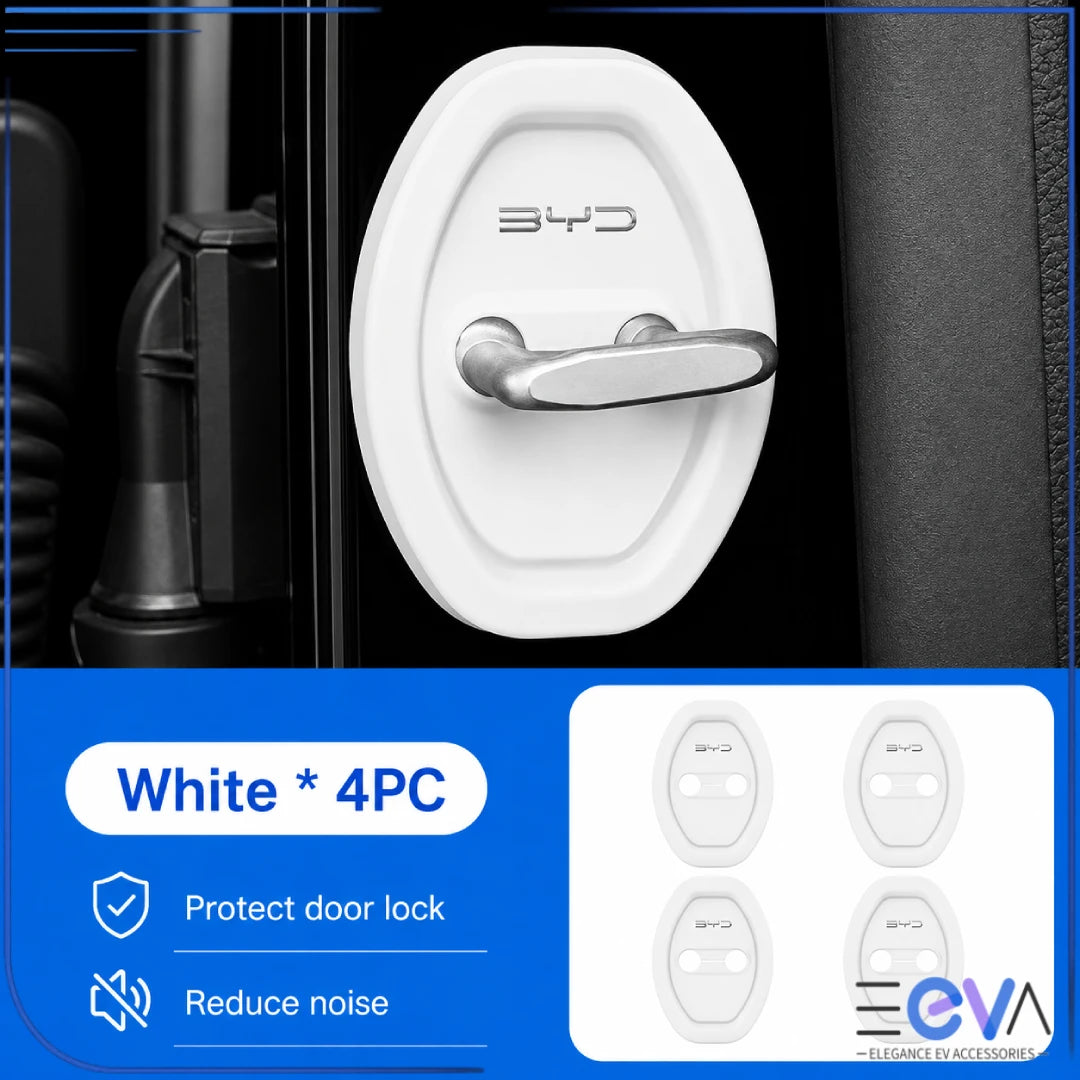 BYD white silicone door-lock protective covers shown as an installed four-piece set from EEVA Store Australia.