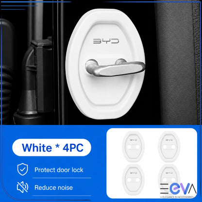 BYD white silicone door-lock protective covers shown as an installed four-piece set from EEVA Store Australia.