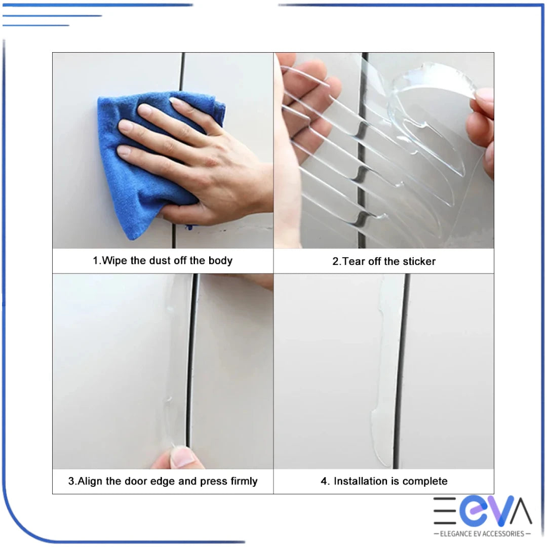 BYD car door anti-collision strip installation steps showing surface cleaning, peel and stick application for secure fit from EEVA Store Australia.