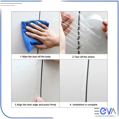 BYD car door anti-collision strip installation steps showing surface cleaning, peel and stick application for secure fit from EEVA Store Australia.