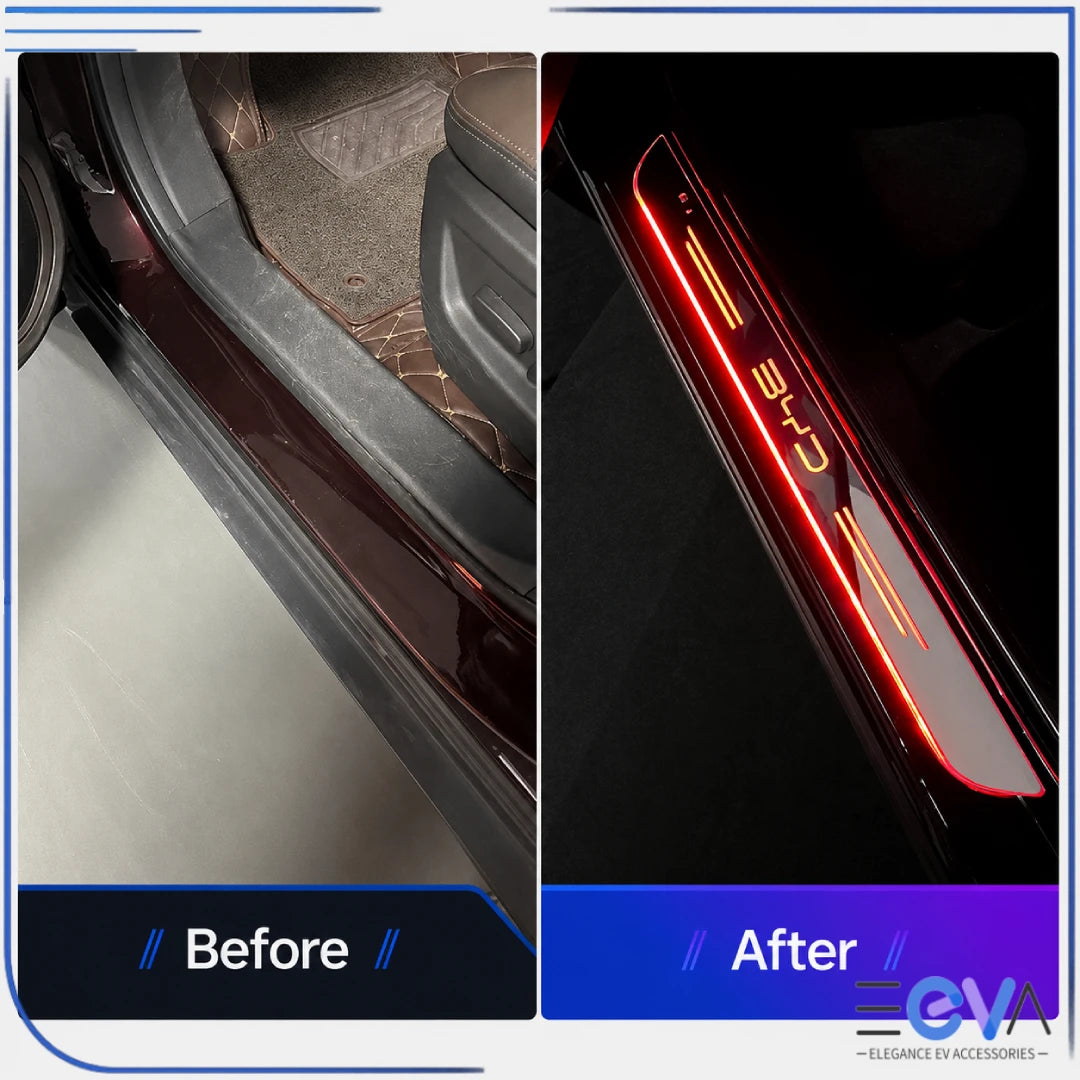 BYD Illuminated Door Sill Scuff Plates before and after installation from EEVA Store Australia