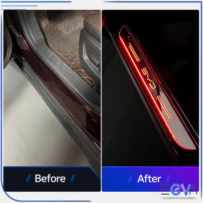BYD Illuminated Door Sill Scuff Plates before and after installation from EEVA Store Australia