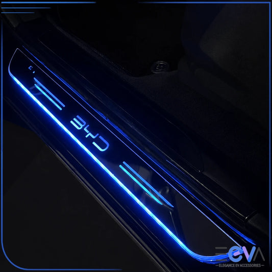 BYD Illuminated Door Sill Scuff Plates installed with blue LED lighting from EEVA Store Australia