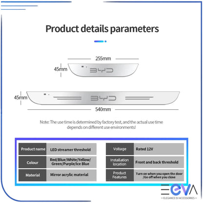 BYD Illuminated Door Sill Scuff Plates size and specifications diagram from EEVA Store Australia