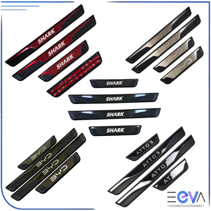 BYD stainless steel door sill scuff plates shown in multiple styles providing protection and a stylish entry trim upgrade from EEVA Store Australia.