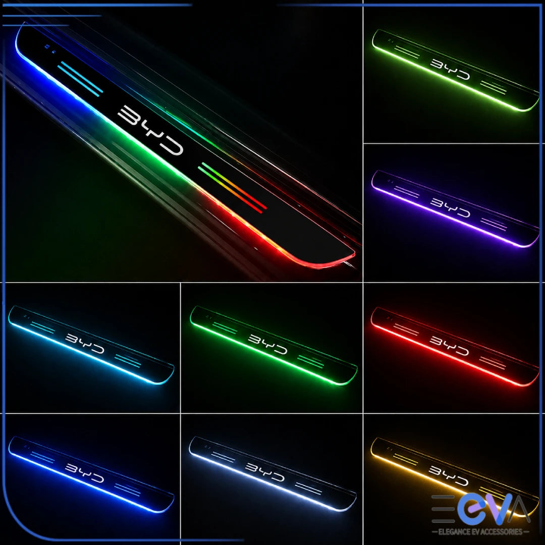 BYD Illuminated Door Sill Scuff Plates showing multiple LED colour options from EEVA Store Australia