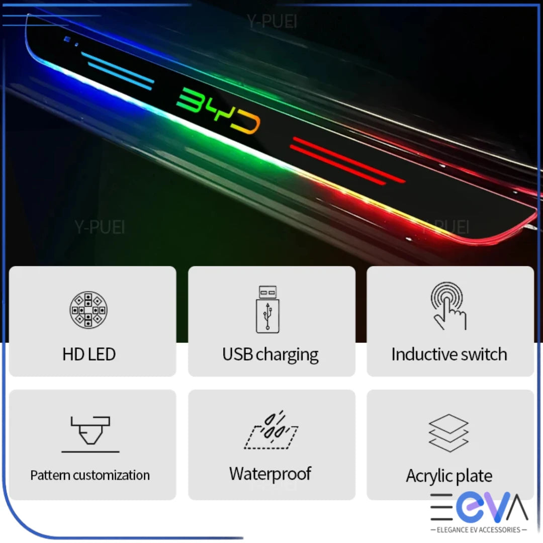 BYD Illuminated Door Sill Scuff Plates RGB LED features with USB charging and touch switch from EEVA Store Australia