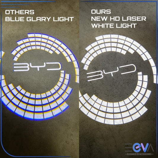 Comparison between BYD HD Laser Puddle Light and standard blue LED light showing brighter white projection by EEVA Store