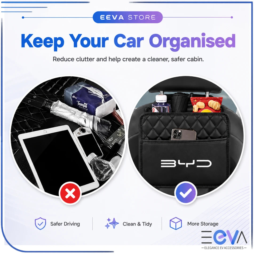BYD PU leather headrest organiser keeping the cabin clean and organised from EEVA Store Australia