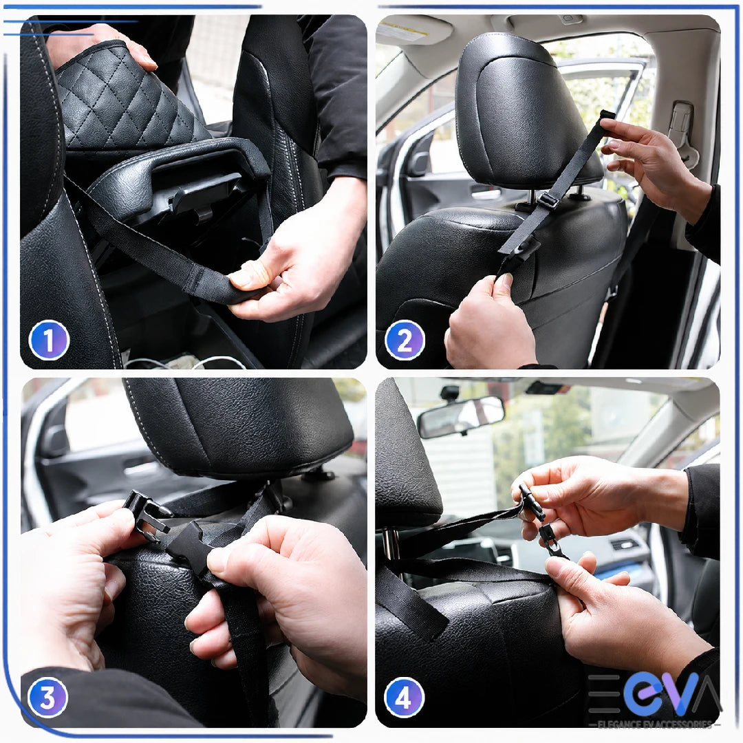 BYD PU leather headrest organiser installation steps with adjustable straps from EEVA Store Australia