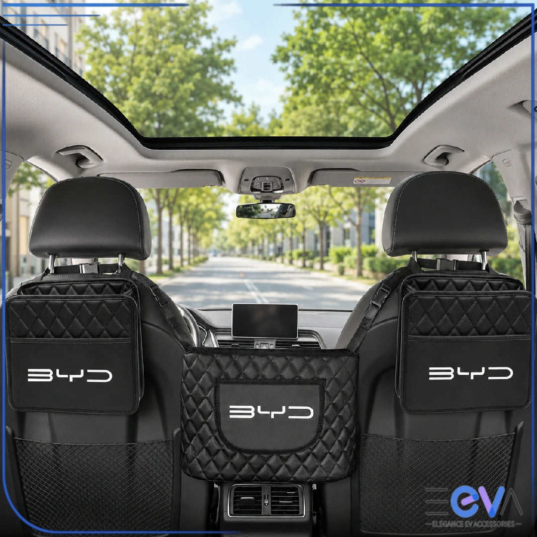 BYD PU leather headrest organiser installed on front seats from EEVA Store Australia