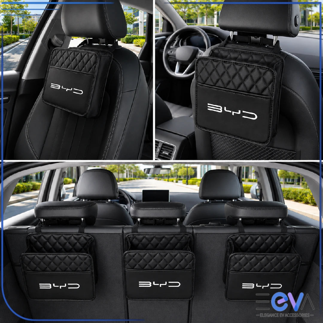 BYD PU leather headrest organiser fitted behind rear seats for extra storage from EEVA Store Australia