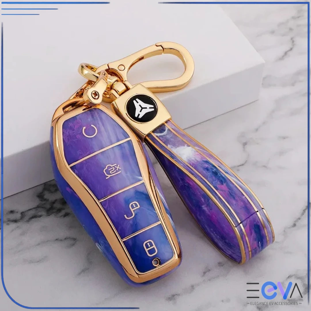BYD car key case in amethyst purple gemstone style with strap keychain, highlighting colour depth and button layout from EEVA Store Australia.