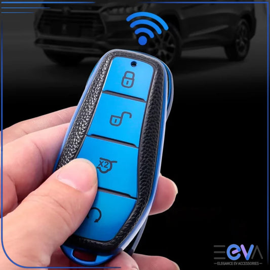 BYD TPU leather key case cover shown in hand with clear button access and wireless signal compatibility from EEVA Store Australia.