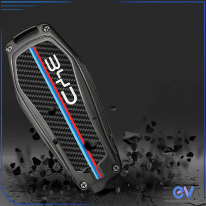 BYD key case cover with carbon fibre back panel and metal edging, shown in close-up detail from EEVA Store Australia.