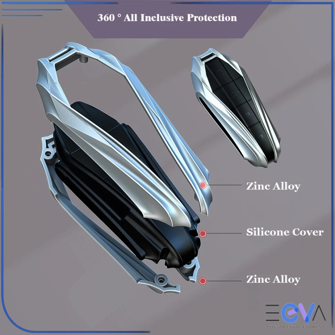BYD key case cover close-up showing detailed metal edges, buttons and leather insert for durability from EEVA Store Australia.