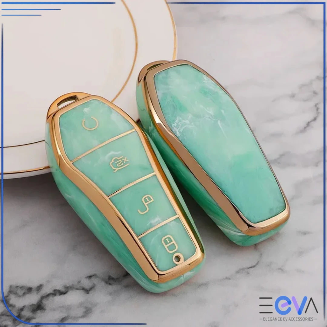 BYD car key case in emerald green shown as case only, featuring smooth gemstone texture and slim profile from EEVA Store Australia.