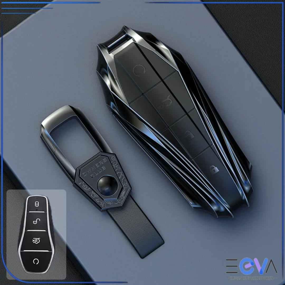 BYD key case cover in grey variant featuring a sleek metal finish and leather insert for daily protection from EEVA Store Australia.