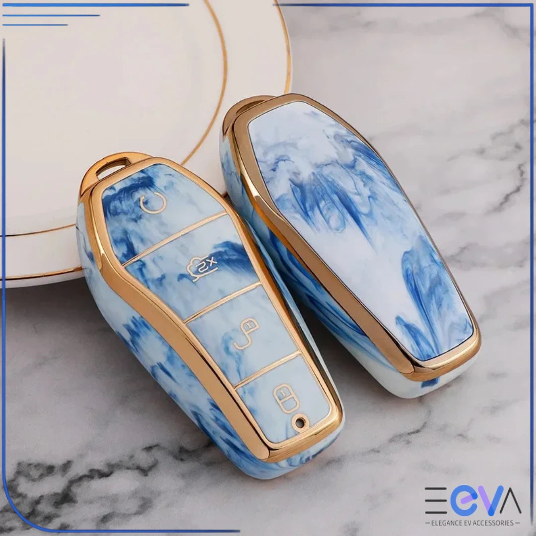 BYD car key case in larimar blue shown as case only, highlighting gemstone finish and slim protective shell from EEVA Store Australia.