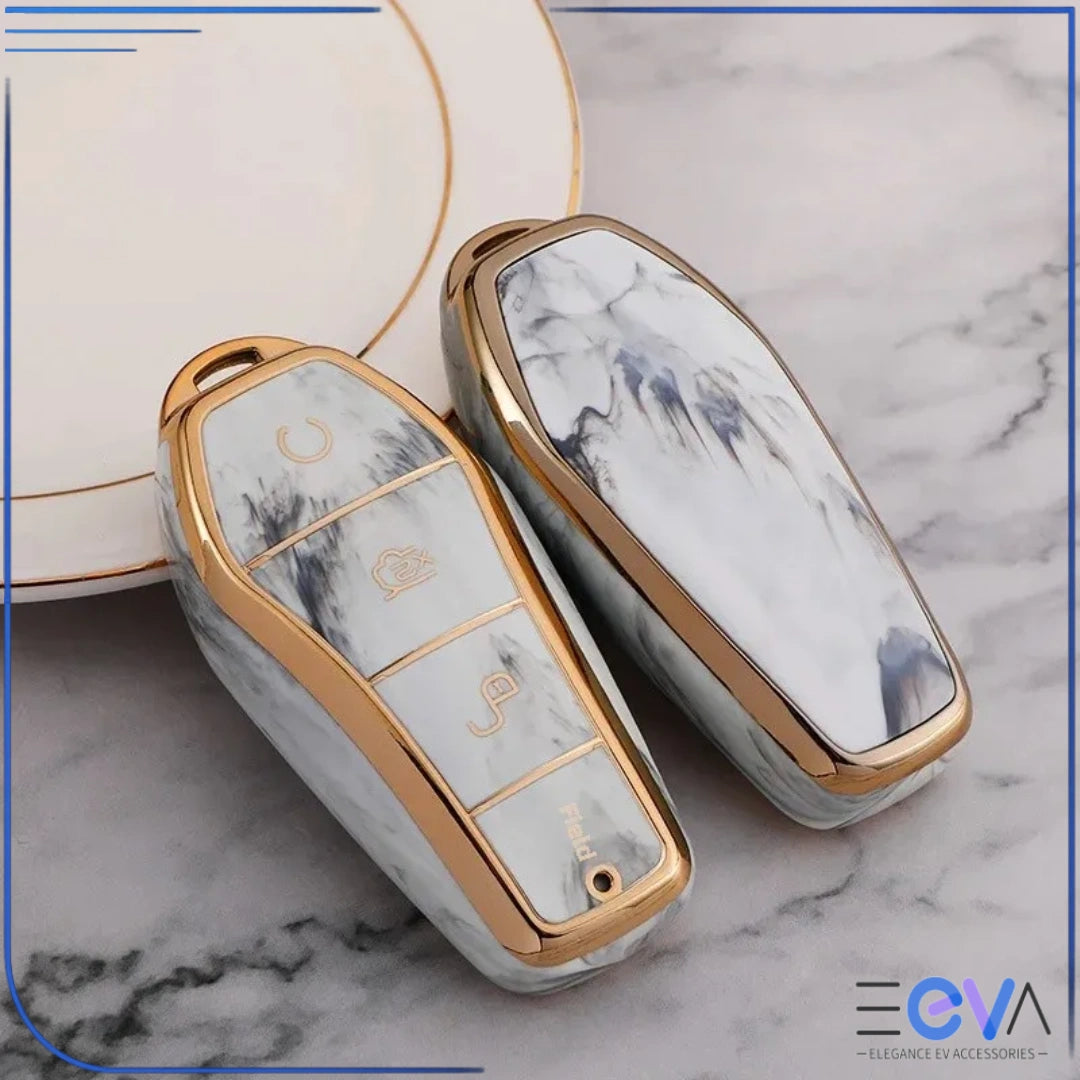 BYD car key case in marble white shown as case only, focusing on slim protective shell and button access from EEVA Store Australia.