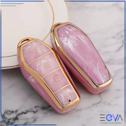BYD car key case in pink tourmaline shown without keychain, focusing on protective shell and button access from EEVA Store Australia.