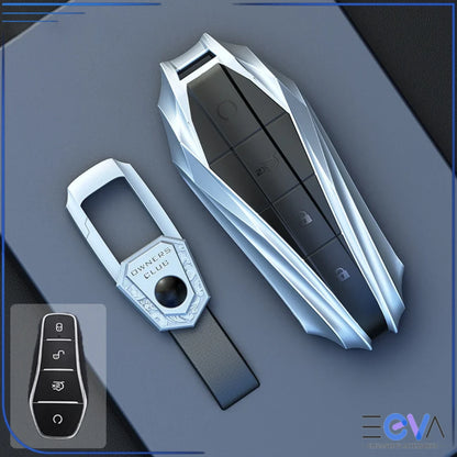 BYD key case cover in silver variant with metal body and leather panel designed for premium protection from EEVA Store Australia.
