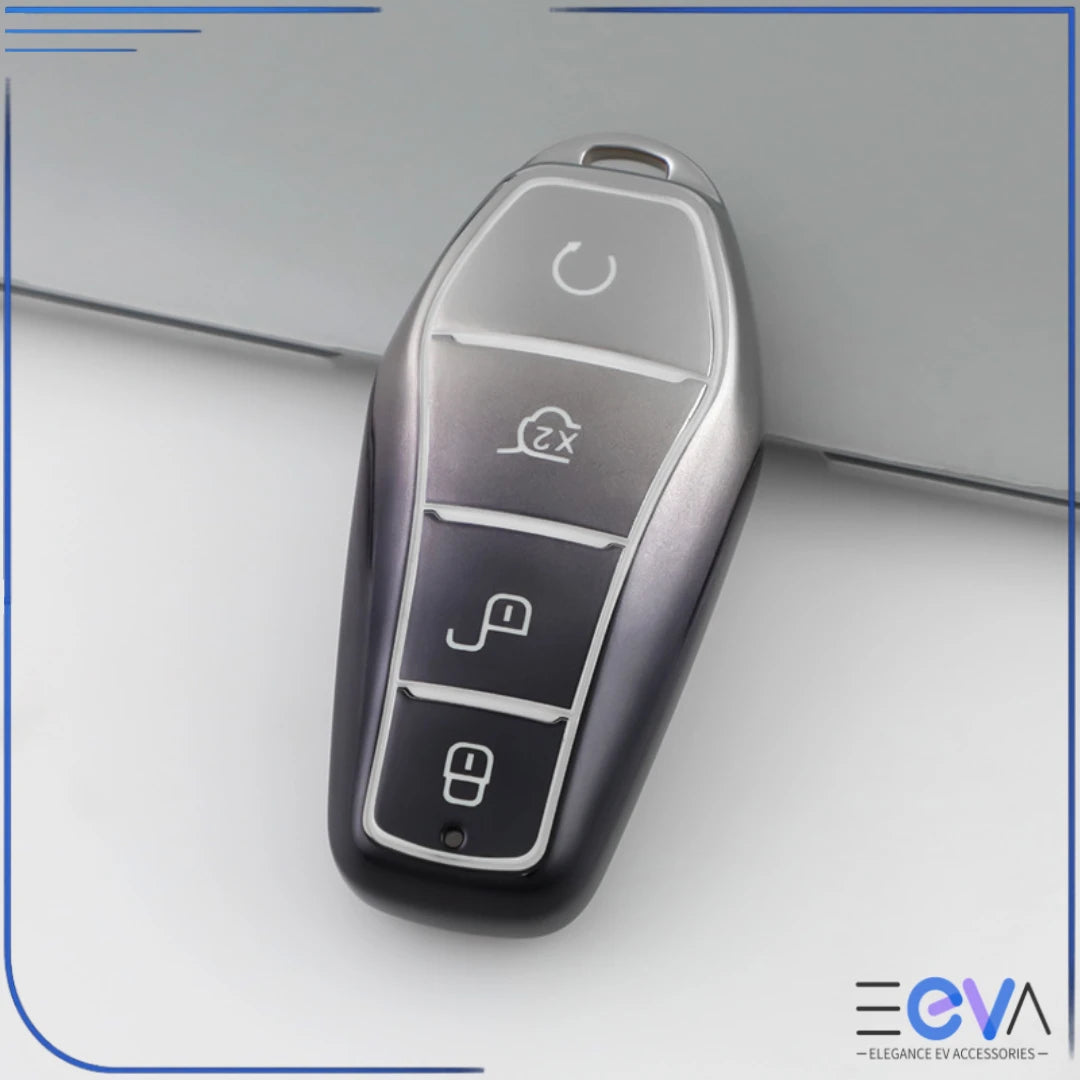 BYD key case cover in black and silver colourway featuring durable TPU protection and contrast detailing from EEVA Store Australia.