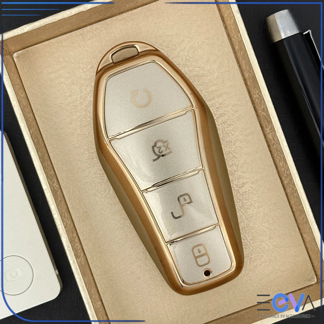 BYD key case cover in gold showcasing a premium TPU finish with smooth edges and full button coverage from EEVA Store Australia.