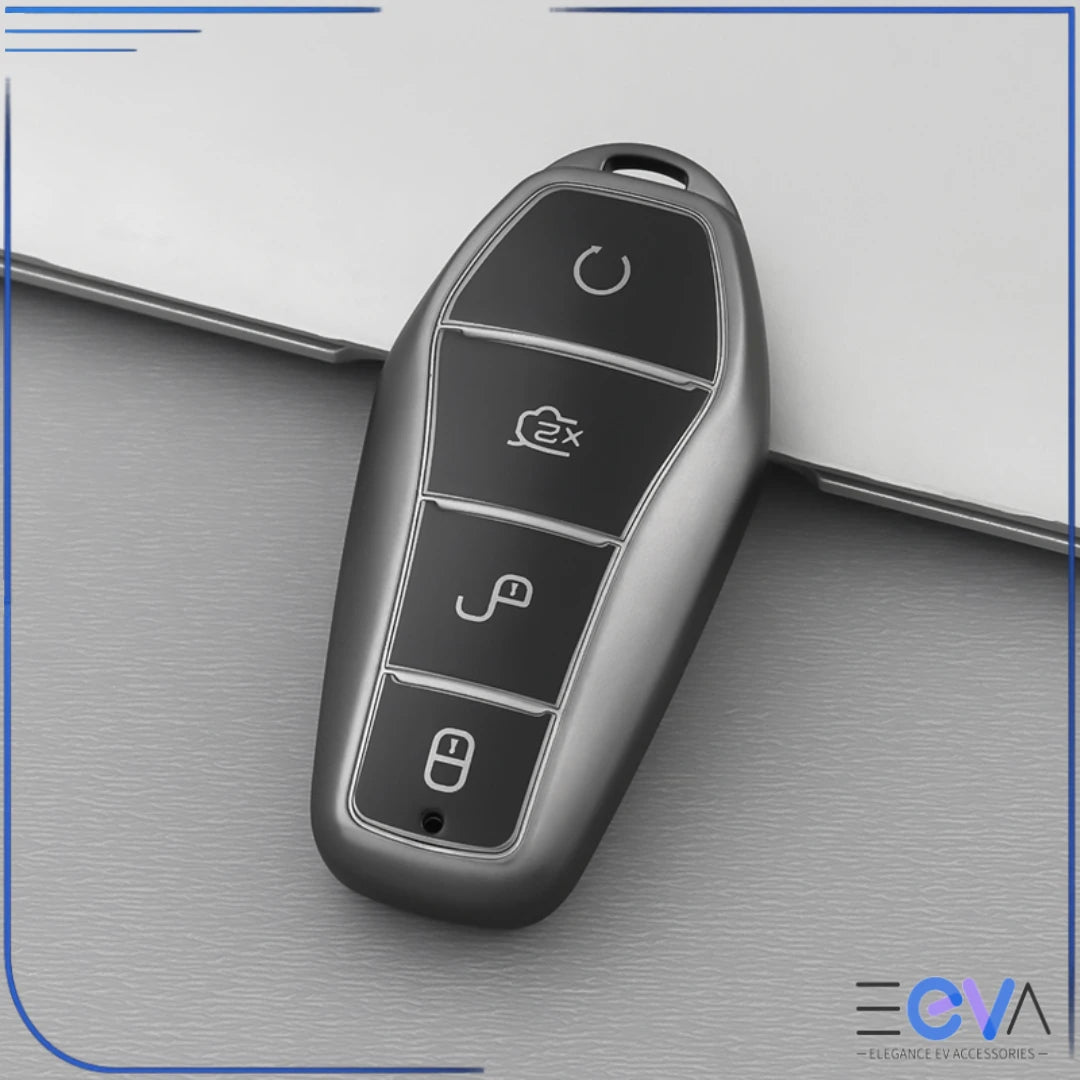 BYD key case cover in grey featuring a subtle TPU finish that protects the key without adding bulk from EEVA Store Australia.