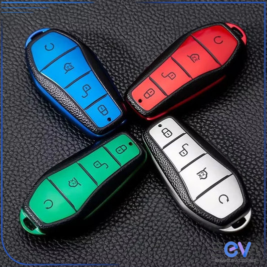 BYD TPU leather key case cover showing four colour options with full button coverage and textured grip from EEVA Store Australia.