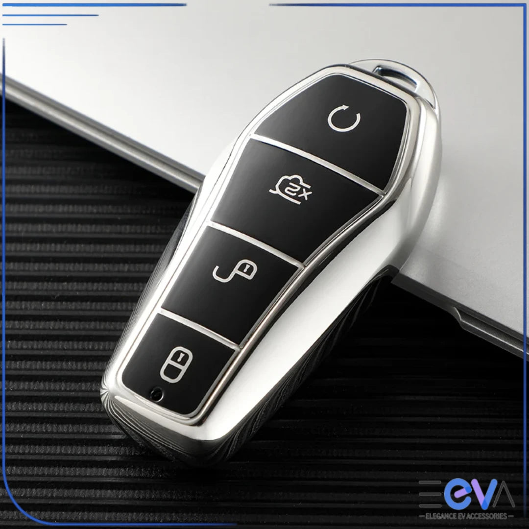 BYD key case cover in silver with soft TPU construction providing a sleek look and everyday key protection from EEVA Store Australia.