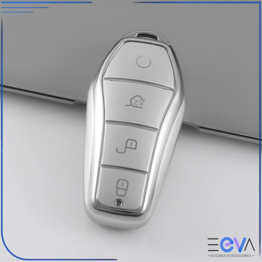 BYD key case cover in silver silver colour combination with soft TPU shell and refined dual-tone appearance from EEVA Store Australia.