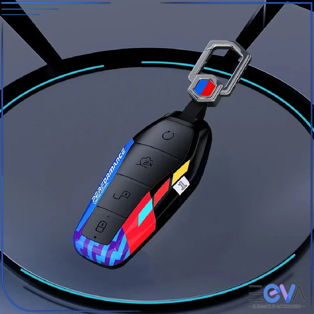 BYD carbon ABS key cover in blue and black finish with metal buckle attached, installed view from EEVA Store Australia.