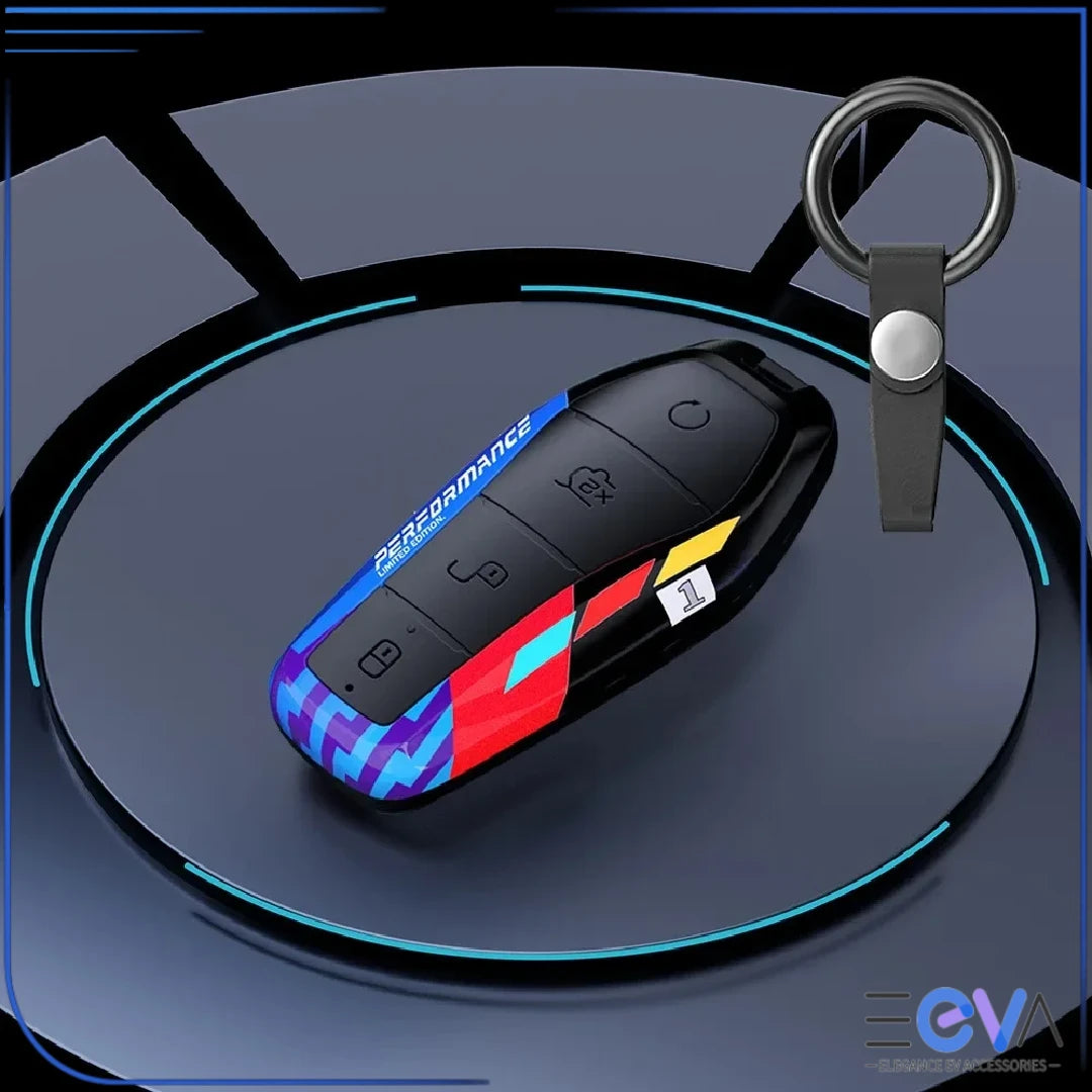 BYD carbon ABS key cover in blue and black finish with ring buckle option, shown on key from EEVA Store Australia.