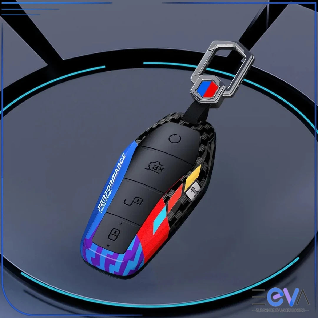 BYD carbon fibre ABS key cover in blue with metal buckle, premium textured finish from EEVA Store Australia.