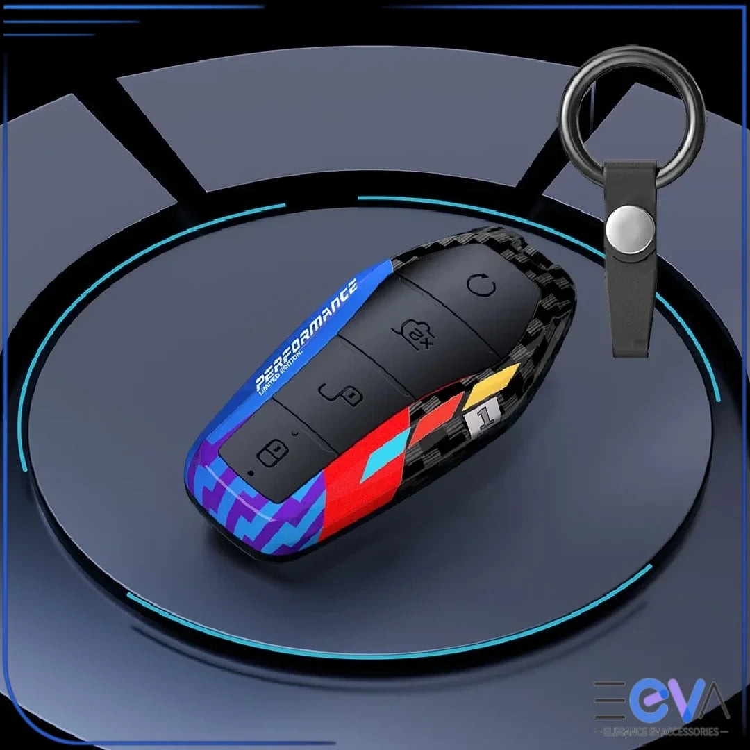 BYD carbon fibre ABS key cover in blue with ring buckle, detailed installed close-up from EEVA Store Australia.