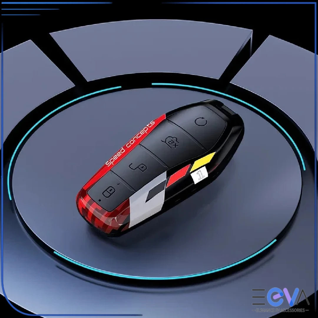 BYD carbon ABS key cover in red and black finish without buckle, slim protective design shown on key from EEVA Store Australia.