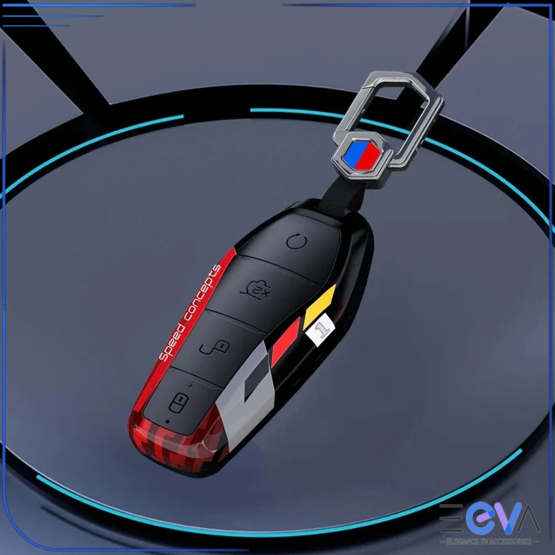 BYD carbon ABS key cover in red and black finish with metal buckle attached, shown installed on smart key from EEVA Store Australia.