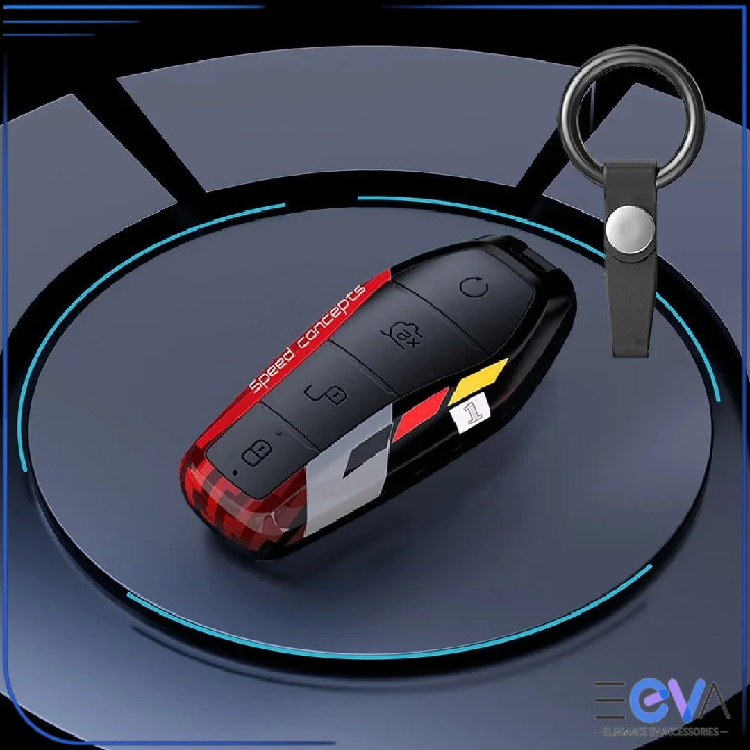 BYD carbon ABS key cover in red and black finish with ring buckle option, installed view on key from EEVA Store Australia.