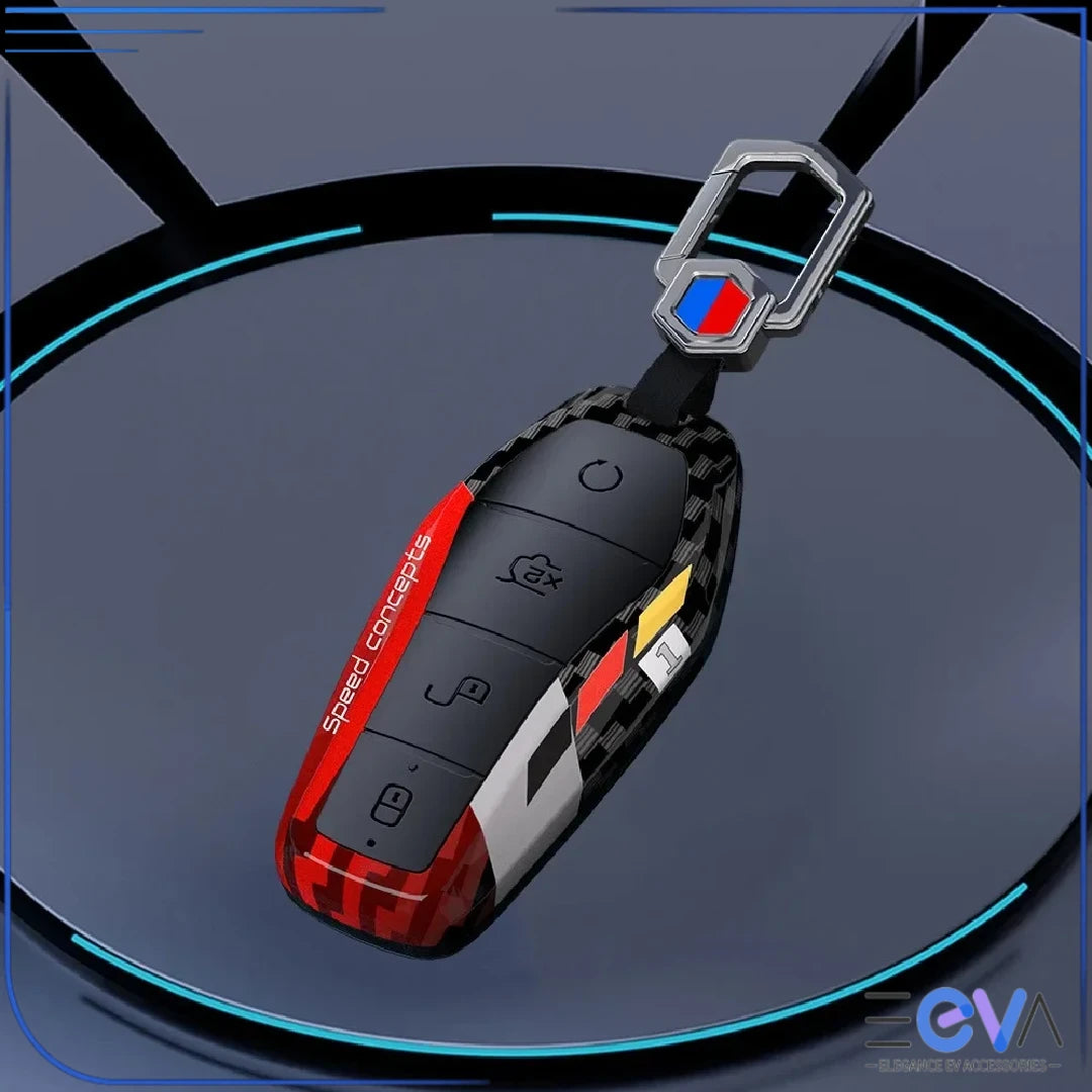 BYD carbon fibre ABS key cover in red with metal buckle, textured finish shown installed from EEVA Store Australia.