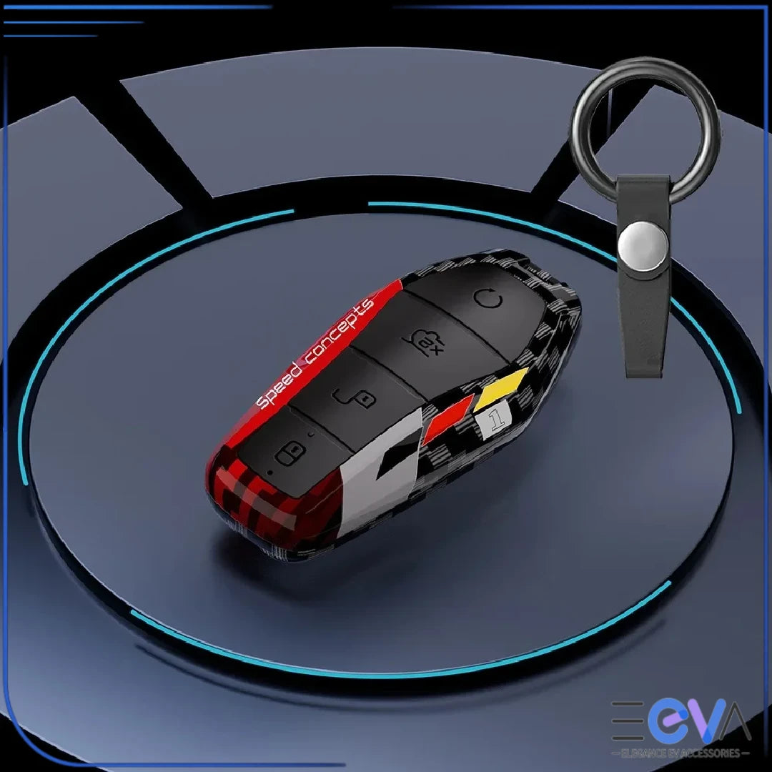 BYD carbon fibre ABS key cover in red with ring buckle, close-up installed view from EEVA Store Australia.