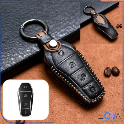 BYD vehicles black genuine leather key cover case with hand stitching and metal keyring, shown installed on smart key from EEVA Store Australia.