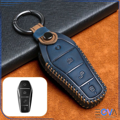BYD vehicles blue genuine leather key cover case with contrast stitching and secure keyring, close-up installed view from EEVA Store Australia.
