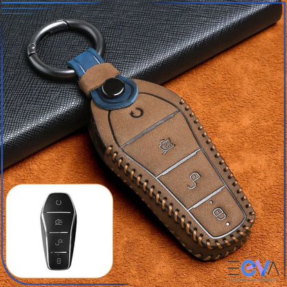 BYD vehicles brown genuine leather key cover case with stitched edges and durable keyring, premium finish shown from EEVA Store Australia.