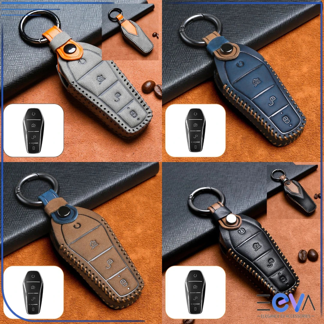 BYD vehicles genuine leather key cover case shown with keyring, stitched finish and full button access for daily protection from EEVA Store Australia.